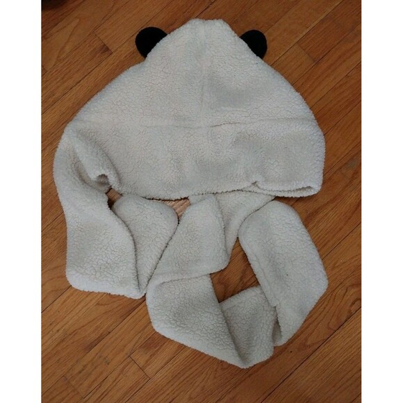 Panda Hat with Attached Mittens Gloves Set Fleece Unisex One Size - Picture 3 of 3